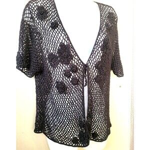 T & Company Black Crochet Tie Front Cottagecore Boho Flower Cardigan Sz 14
